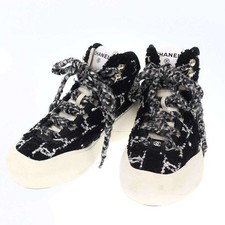 CHANEL CC Logo Tweed Lace Up Sneakers IG39500 Black White 36 Used MESC-0