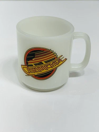 Vintage 1980s GlasBake NHL Hockey Vancouver Canucks Milk Glass Coffee Mug