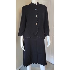 Oscar De La Renta 2 Pc Scalloped Trim Black Blazer Jacket & Dress Set Size 12