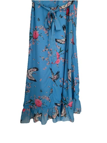 Yumi Blue Floral And Birds Dress Wrap Over Style Size 14 - Picture 6 of 7