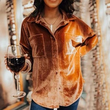 Pixi + Ivy Women’s Chestnut Brown Velvet Blouse Sz S Oversized Cozy Prairie