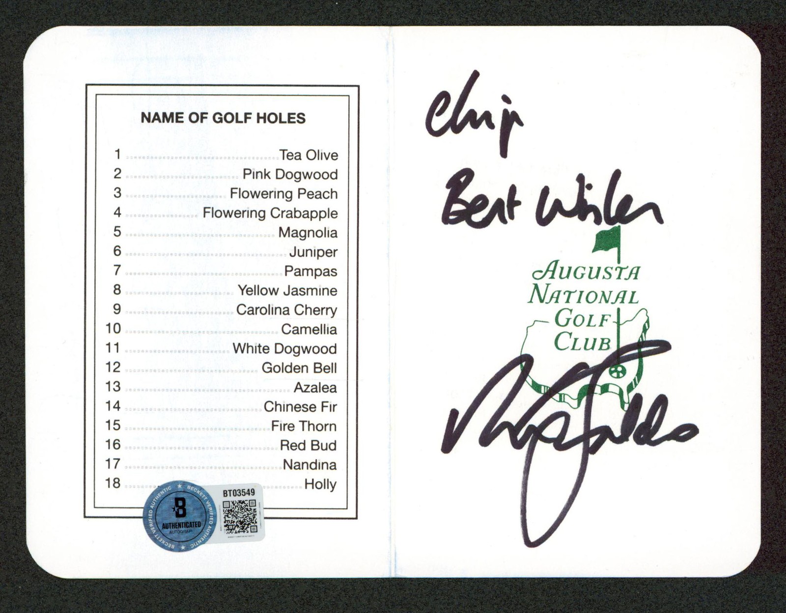 Nick Faldo Autographed Signed 3.25x4.75 Masters Augusta National Golf Club Scorecard BAS 