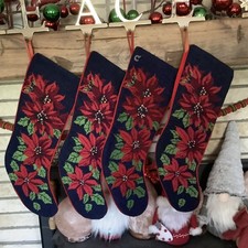 1 19" Poinsettia Christmas Stocking Needlepoint Tapestry Red Black Green Leaf