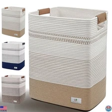 Stylish 85L Large Laundry Hamper - Cotton Rope Woven Basket with Leather Handles
