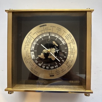 Seiko World Time Desk Clock QQZ885A Gold Quartz Battery-Powered World Map Japan