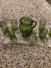 Vintage Anchor Hocking Avocado Madrid Green Glass Pitcher w/Ice Lip & 6 Glasses
