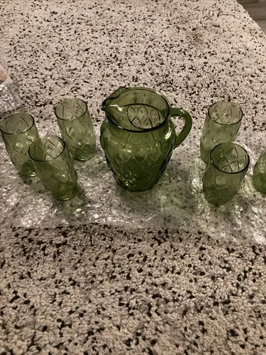 Vintage Anchor Hocking Avocado Madrid Green Glass Pitcher w/Ice Lip & 6 Glasses