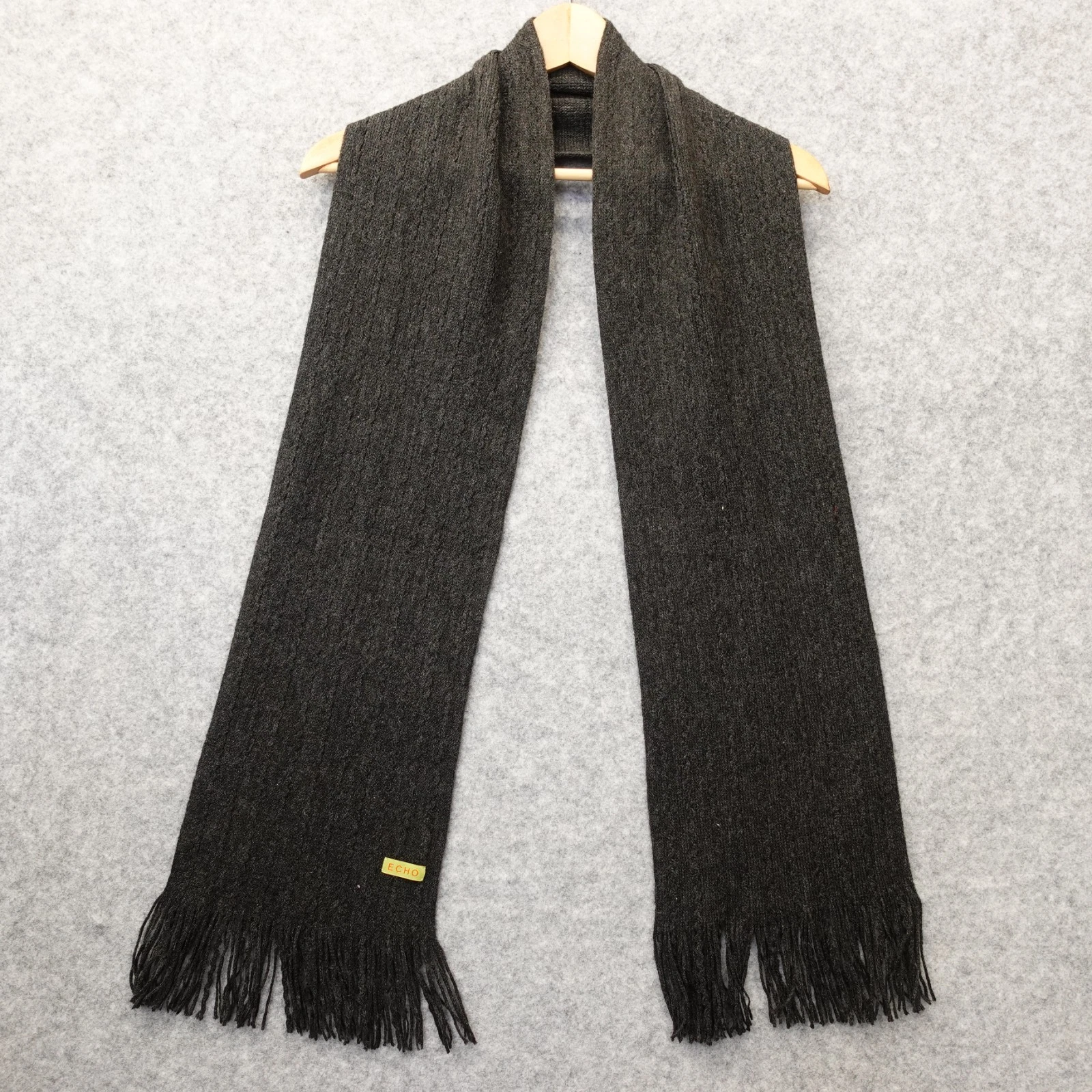 ECHO Cashmere Scarf Mens Charcoal Ribbed Knit Winter Fringed Warm Luxury 8x58