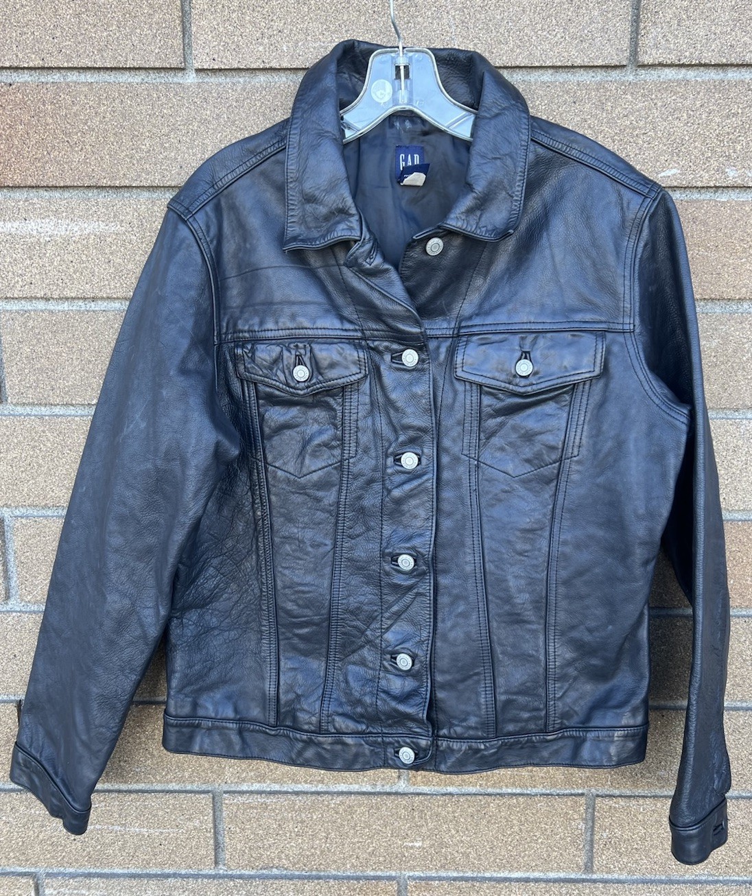 Vintage 1999 Y2K Gap Black Leather Trucker Rockstar Jacket Size L