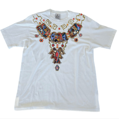 Vintage K.W.B.L Hand Crafted 90 s White Wearable Art Beaded 3D Tribal T-shirt OS