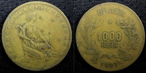 BRAZIL Aluminum-Bronze 1927 1000 Reis Fine KM# 525 (23 061)
