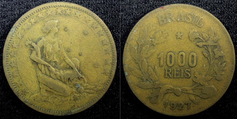 BRAZIL Aluminum-Bronze 1927 1000 Reis Fine KM# 525 (23 061)