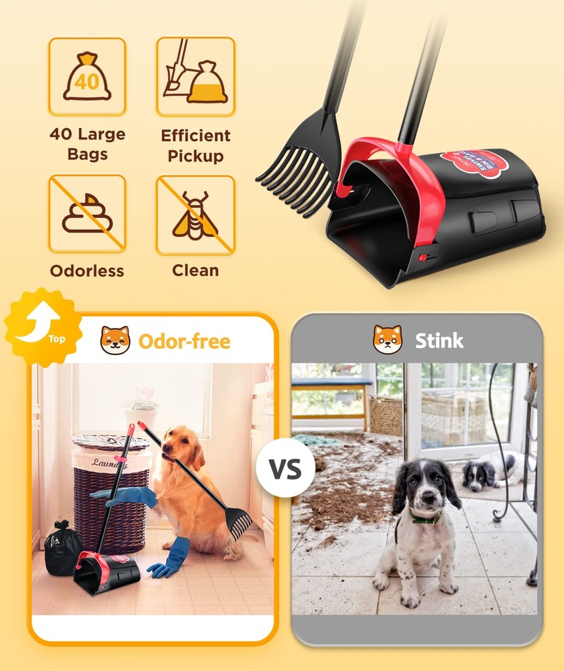 Large Swivel Bin & Rake Pooper Scooper with 40 Waste Bags, 36" Long