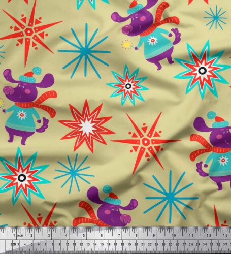 Soimoi Beige Cotton Poplin Fabric Snowflake & Pig Kids Decor Fabric-UOd - Afbeelding 1 van 4