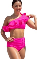 SPORLIKE Women High Waist Swimsuit Flounce One Shoulder Bikini Padded Bathing L