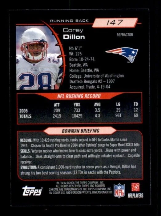 2006 Bowman Chrome Refractors #147 Corey Dillon. - Image 2 of 2