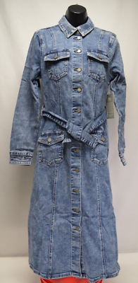 NWT Wash Lab Tie Waist Long Sleeve Cargo Denim Midi Shirt Dress Size Small  | eBay