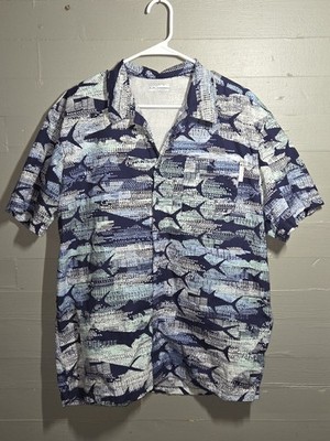 Columbia Men's Preformance Fishing Gear S/S Button-Up Fish Print Size M Blue