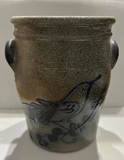 Rowe Pottery Stoneware Handled Crock Canister with Cobalt Blue Bird 7” Tall
