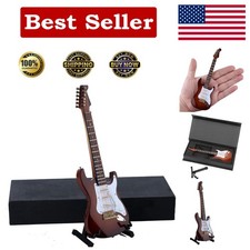 Collectible Mini Electric Guitar in Brown Wood with Stand  Protective Case