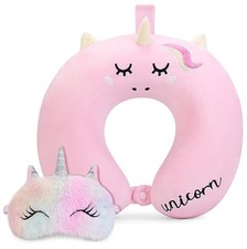 Kids Unicorn Travel Neck Pillow Memory Foam with Eye Mask for Airplane Car Seat