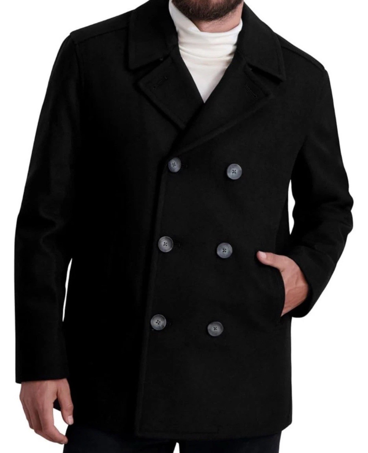 NWT Nautica Men's Black Peacoat L Wool Blend Double Breasted Winter Coat Jacket