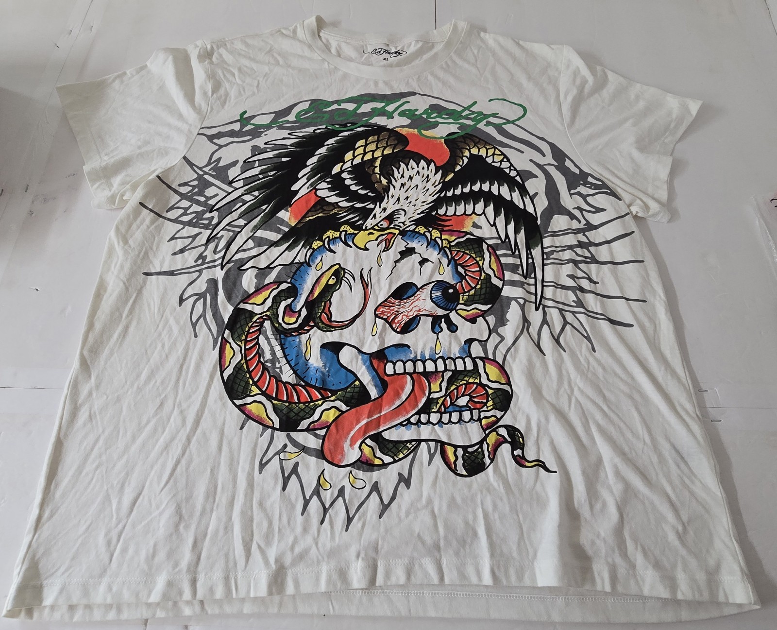Ed Hardy T-Shirt Men's XL White Snake Eagle Skull Grunge Punk Y2K