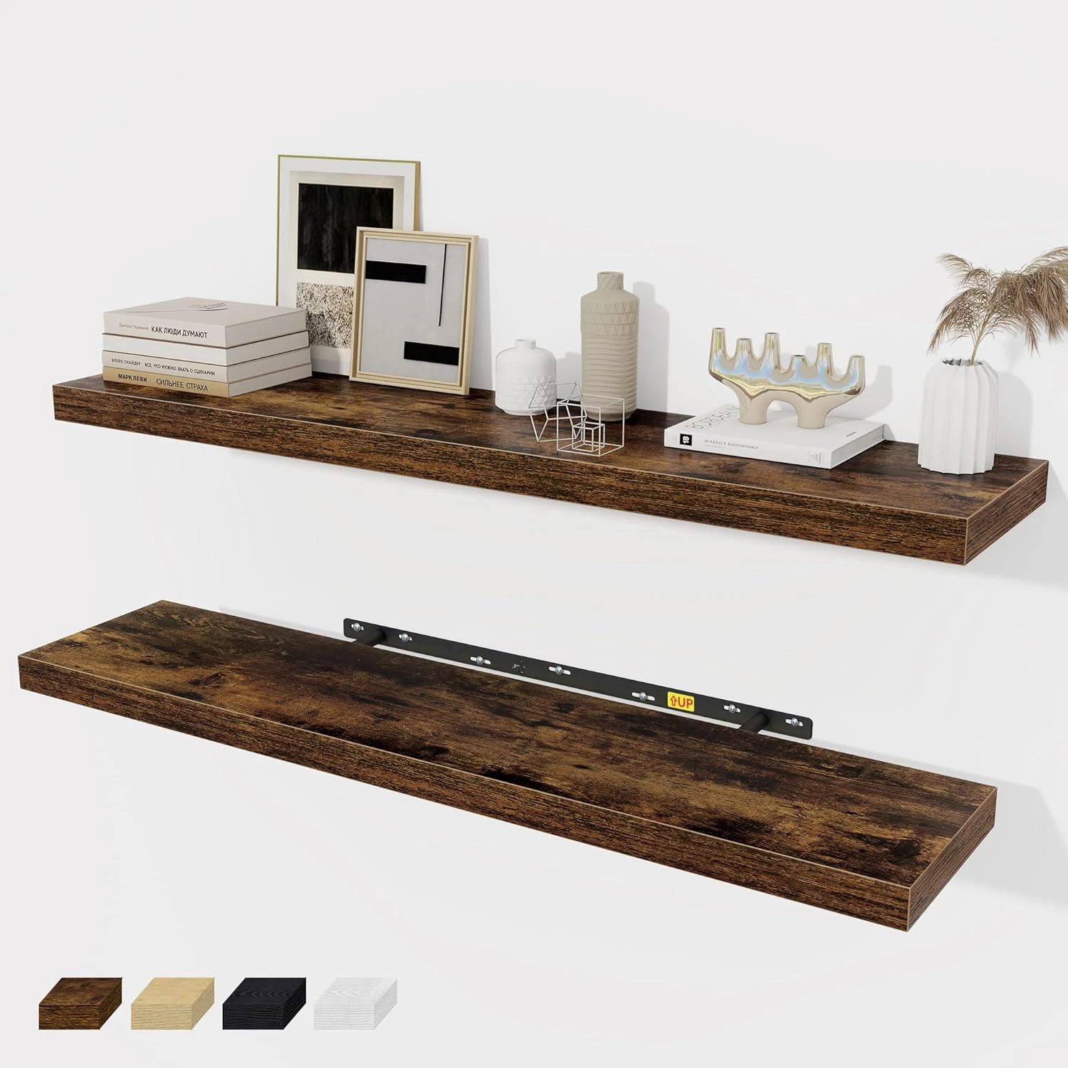 Rustic Brown Floating Shelves Set of 2, 40x8 Inch for Living Room & Kitchen