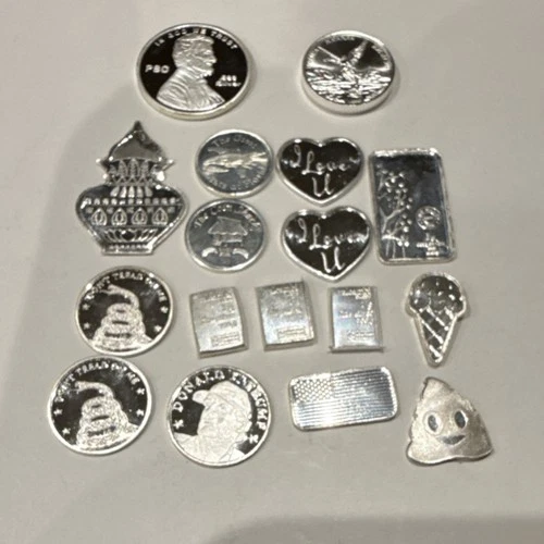 Mixed lot of 1g and 1/10 oz .999 Fine Silver Bars & Rounds 21.22 grams total