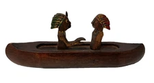 Vintage Hand Carved Wood Canoe With Native American Paddlers Figurine Folk Art