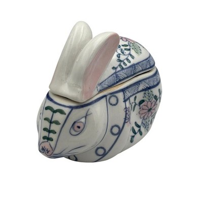 Hand-Painted Chinese Ceramic Porcelain Bunny Trinket Box Pink Blue Floral