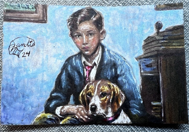 ACEO ORIGINAL Beagle Dog “A Boy and his Dog” Artist Jacob Landis 2024 Acrylic