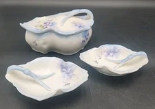 Vtg Art Nouveau Handpainted Porcelain Trinket Box Two Trinket Dish Vanity Set
