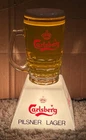 VINTAGE CARLSBERG PILSNER LAGER FIGURAL BEER MUG LIGHTED SIGN-REAL GLASS-BACKBAR