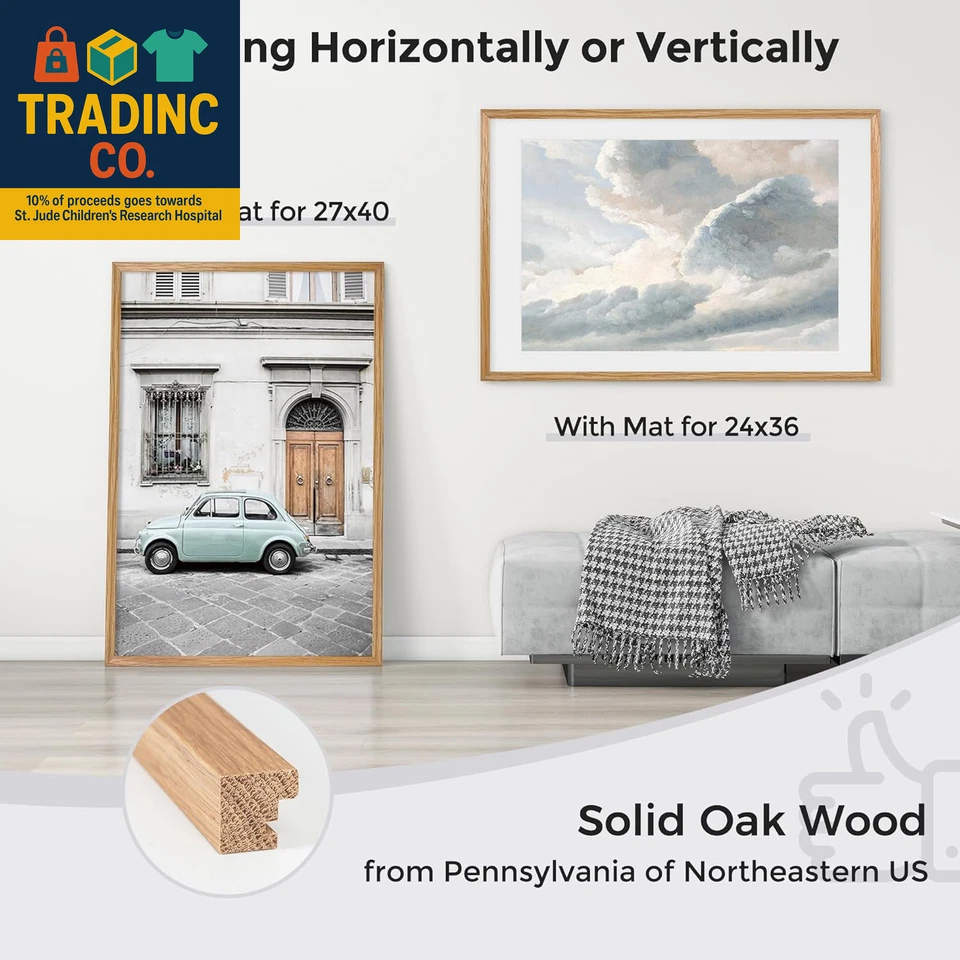 27X40相框带垫适用于24X36,实木橡木海报框带温度 — 第 3/4 张图片