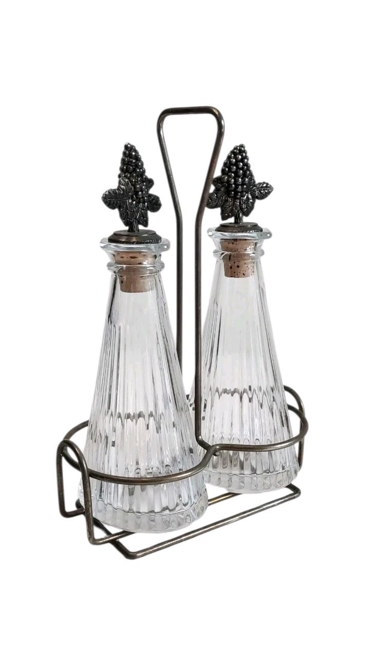 Vintage Crystal Oil & Vinegar Cruet Set In Silver Plated Caddy By Mikasa 