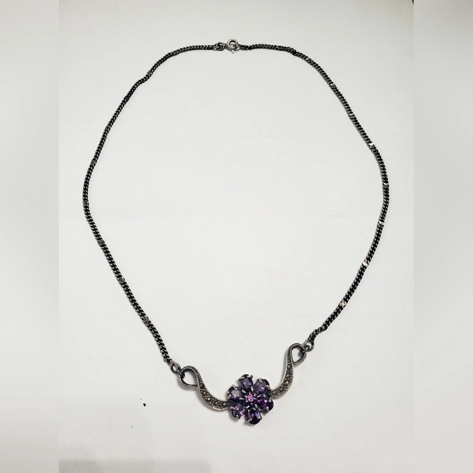 Antiguo collar floral púrpura amatista collar negro de plata de ley Foto 2 de 4