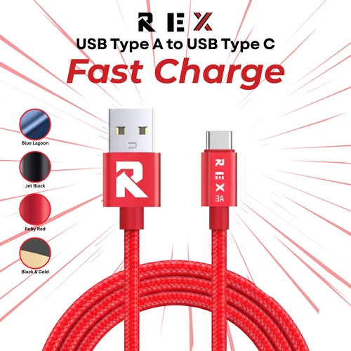 RexG Type-C Flexible Charging Cable 3A Braided Fast Charger Lead 1m, 2m & 3M