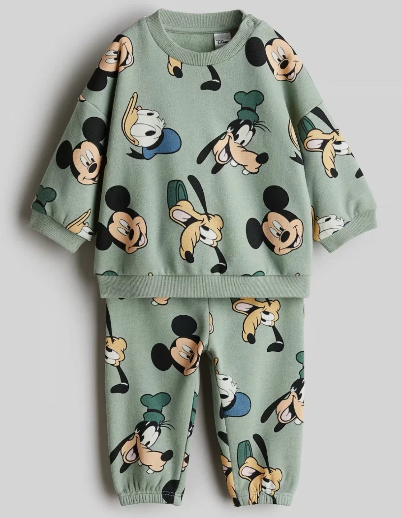 H&M Unisex Toddler 2Pc Set Disney Character Motif Green Mickey Mouse 9-12M NWT