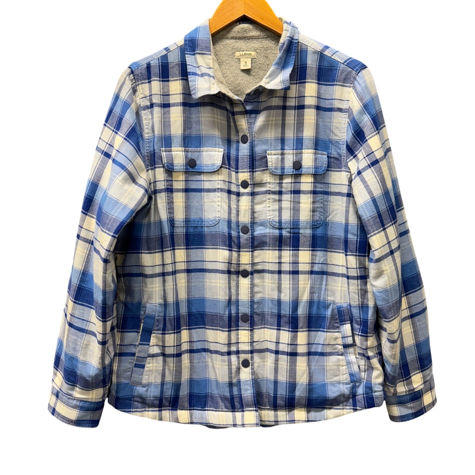 LL Bean Shacket Womens Medium Fleece Lined Snap Up Blue Plaid Flannel COMFY