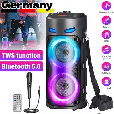 Bluetooth Lautsprecher Musikbox Tragbar 2*4'' Stereo Subwoofer Radio USB Schwarz