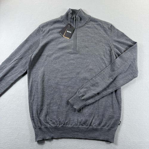 Boss Sweater Mens Large Gray 1/4 Zip Mock Neck 100% Wool Knit Pullover New