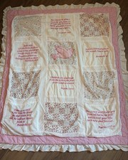 Rare Vintage Embroidered Scripture Baby Blanket Pink Ruffle Gingham 37 X 42