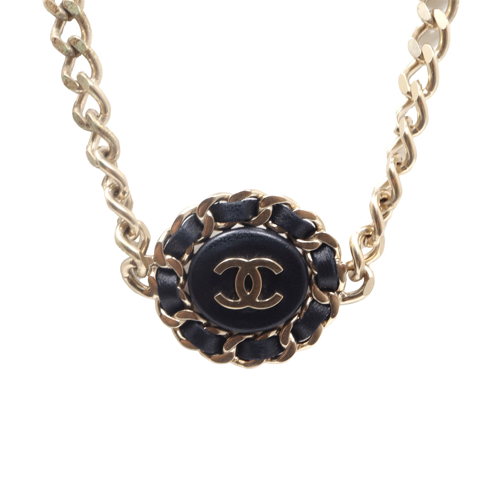 Collana girocollo CHANEL Coco Mark metallo pelle argento reale nero 42 50 cm B16 B