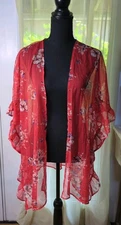 Jolt Women's XL, Kimono Red Floral Sheer Shrug, Ruffle Trim 