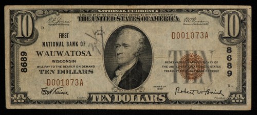 Fr 1801-1 $10 1929 National Bank Note Wauwatosa WI US - Ch 8690  AU/UNC - CA1216 - Picture 1 of 2