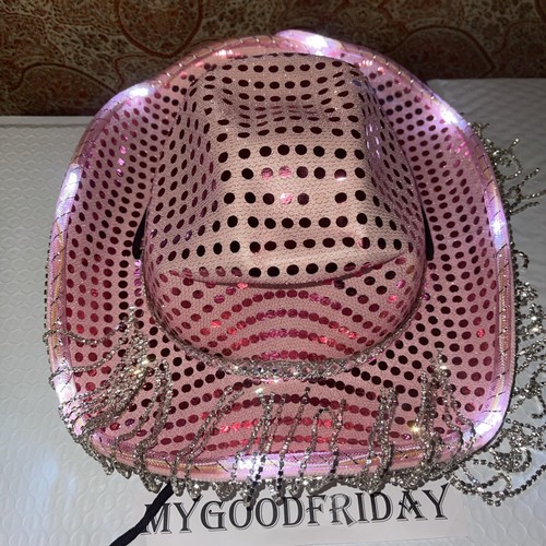 LIGHT UP SEQUIN PINK COWBOY HAT - COUNTRY FUN! 2 Flashing Lights , Solid Light - Picture 2 of 6