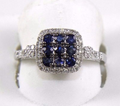 Natural Round Blue Sapphire & Diamond Cluster Square Ring 14k White Gold 0.72Ct