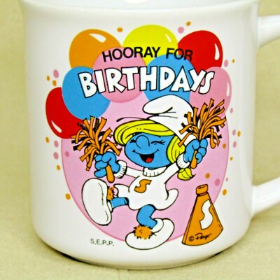 Vintage Smurf Coffee Mug Cup 8oz Hooray For Birthdays 1982 Smurfette | eBay