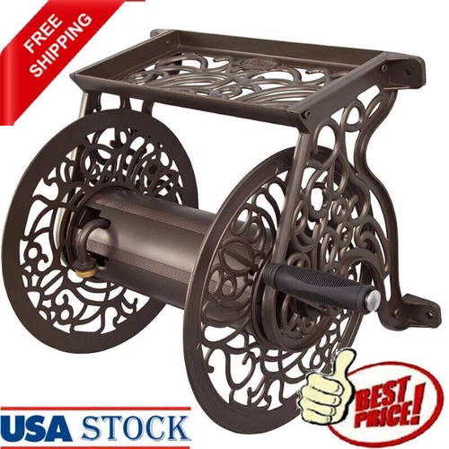 Decorative Cast Aluminum Wall Mount Garden Hose Reel Holds 125Ft 5/8"Hose-Bronze